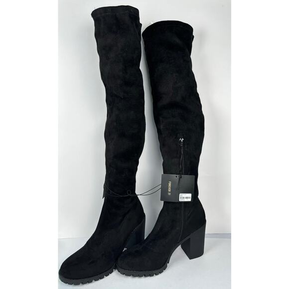 Forever 21 Womens Boots Sz 10 Over Knee Black Faux Suede 4 inch Chunky Heel NWT - Picture 1 of 3